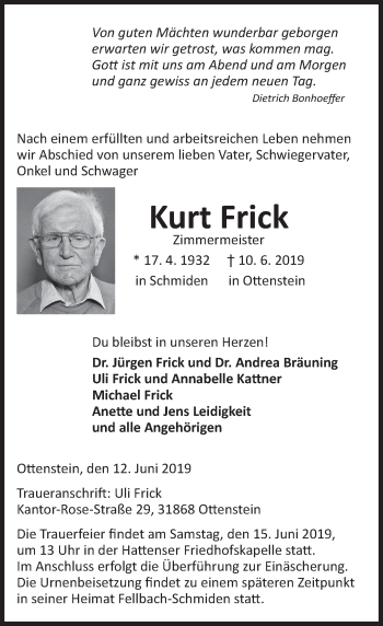 Traueranzeige von Kurt Frick von Deister- und Weserzeitung