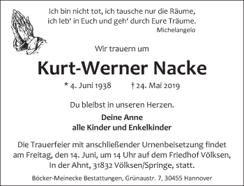 Traueranzeige von Kurt-Werner Nacke von Neue Deister-Zeitung