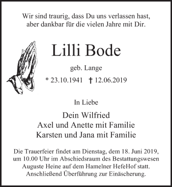 Traueranzeige von Lilli Bode von Deister- und Weserzeitung