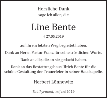 Traueranzeige von Line Bente von Deister- und Weserzeitung