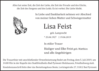 Traueranzeige von Lisa Feist von Deister- und Weserzeitung