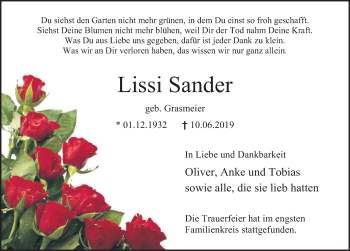 Traueranzeige von Lissi Sander von Deister- und Weserzeitung