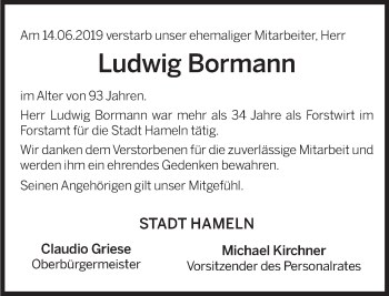 Traueranzeige von Ludwig Bormann von Deister- und Weserzeitung
