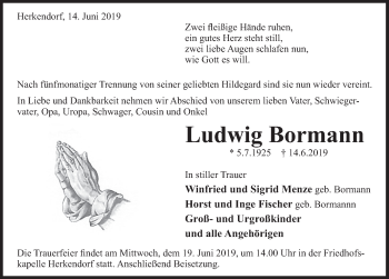 Traueranzeige von Ludwig Bormann von Deister- und Weserzeitung
