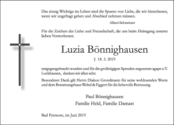 Traueranzeige von Luzia Bönnighausen von Deister- und Weserzeitung