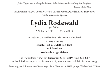 Traueranzeige von Lydia Rodewald von Neue Deister-Zeitung
