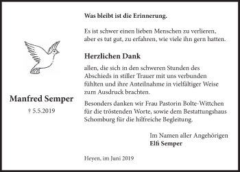 Traueranzeige von Manfred Semper von Deister- und Weserzeitung