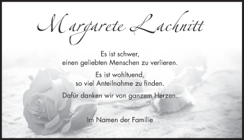 Traueranzeige von Margarete Lachnitt von Deister- und Weserzeitung