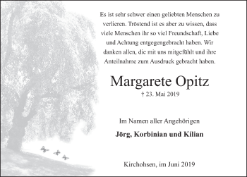 Traueranzeige von Margarete Opitz von Deister- und Weserzeitung