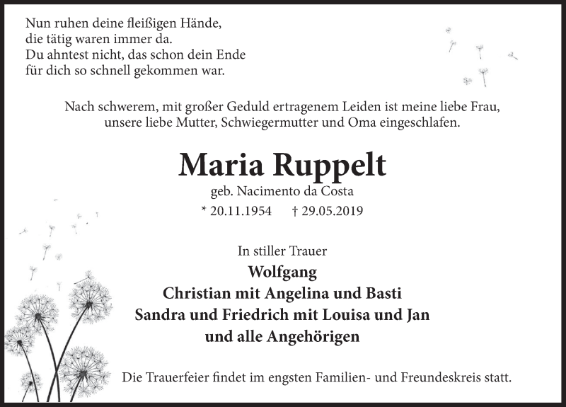  Traueranzeige für Maria Ruppelt vom 15.06.2019 aus Deister- und Weserzeitung
