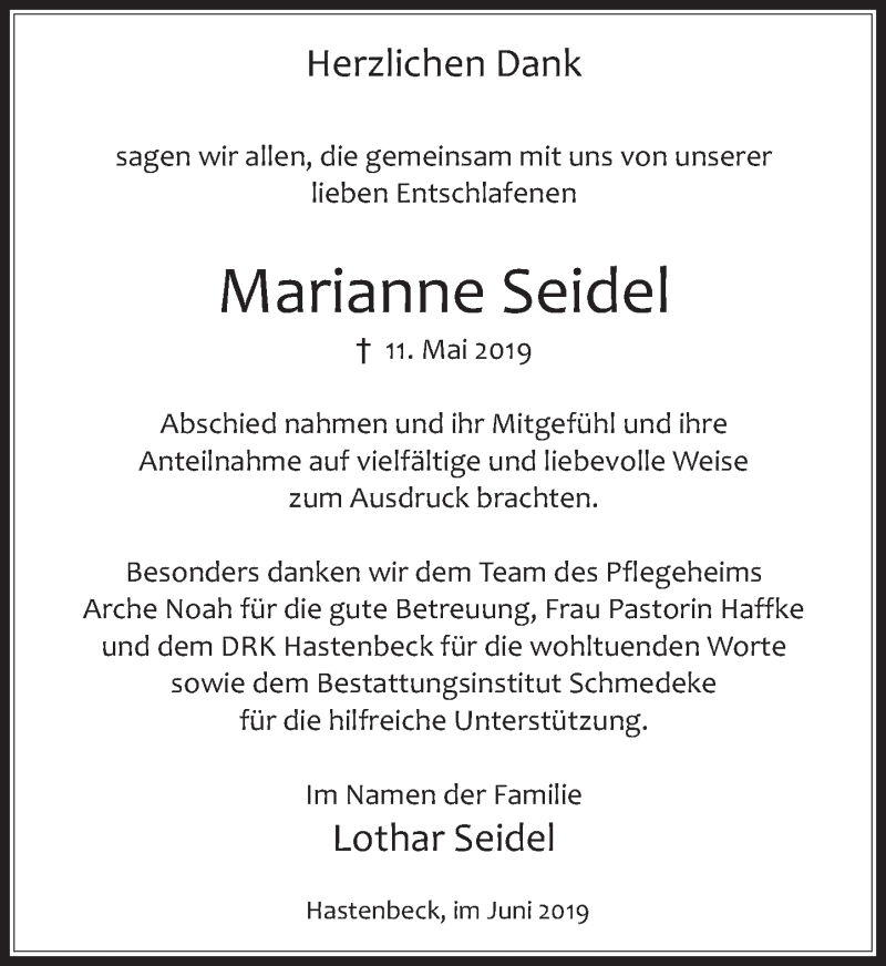  Traueranzeige für Marianne Seidel vom 08.06.2019 aus Deister- und Weserzeitung
