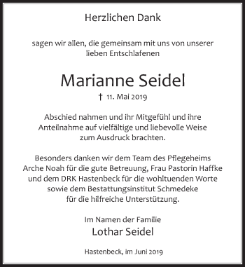 Traueranzeige von Marianne Seidel von Deister- und Weserzeitung
