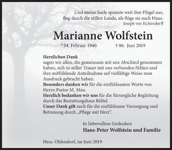 Traueranzeige von Marianne Wolfstein von Deister- und Weserzeitung