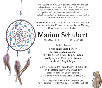Traueranzeige von Marion Schubert von Neue Deister-Zeitung