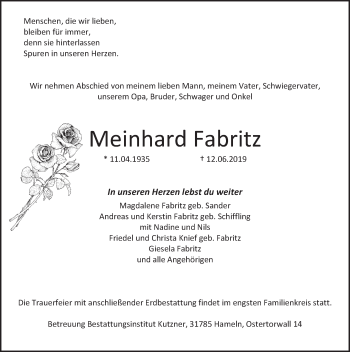 Traueranzeige von Meinhard Fabritz von Deister- und Weserzeitung
