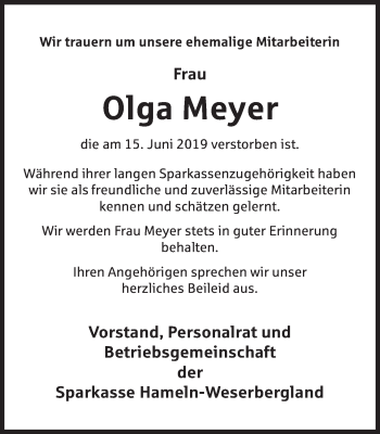 Traueranzeige von Olga Meyer von Deister- und Weserzeitung