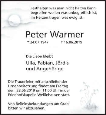 Traueranzeige von Peter Warmer von Deister- und Weserzeitung
