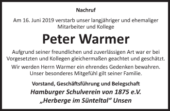 Traueranzeige von Peter Warmer von Deister- und Weserzeitung