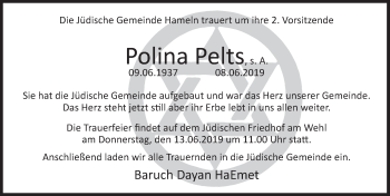 Traueranzeige von Polina Pelts von Deister- und Weserzeitung
