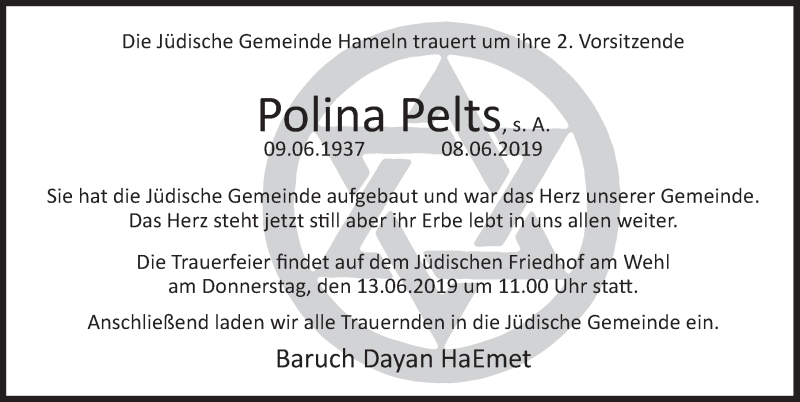  Traueranzeige für Polina Pelts vom 12.06.2019 aus Deister- und Weserzeitung