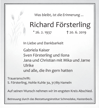 Traueranzeige von Richard Försterling von Deister- und Weserzeitung