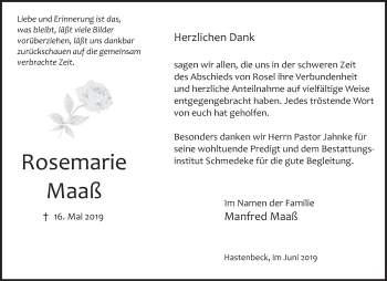 Traueranzeige von Rosemarie Maaß von Deister- und Weserzeitung