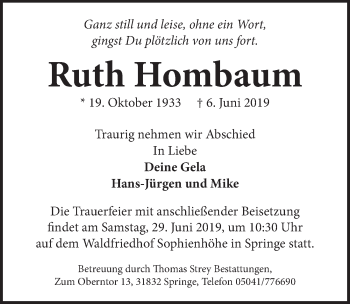 Traueranzeige von Ruth Hombaum von Neue Deister-Zeitung