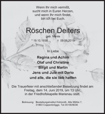 Traueranzeige von Röschen Deiters von Deister- und Weserzeitung