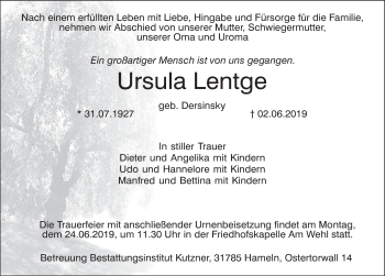 Traueranzeige von Ursula Lentge von Deister- und Weserzeitung
