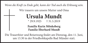 Traueranzeige von Ursula Mundt von Neue Deister-Zeitung