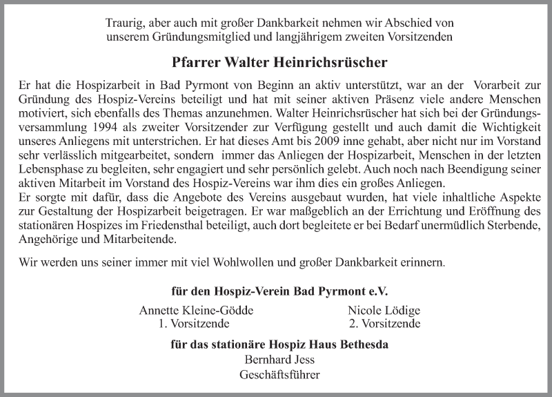  Traueranzeige für Walter Heinrichsrüscher vom 29.06.2019 aus Deister- und Weserzeitung