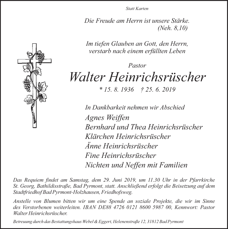  Traueranzeige für Walter Heinrichsrüscher vom 27.06.2019 aus Deister- und Weserzeitung