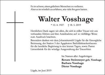 Traueranzeige von Walter Vosshage von Deister- und Weserzeitung