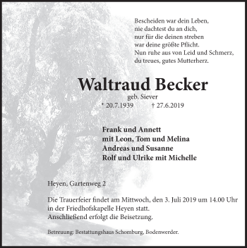 Traueranzeige von Waltraud Becker von Deister- und Weserzeitung