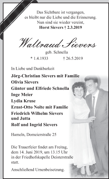 Traueranzeige von Waltraud Sievers von Deister- und Weserzeitung