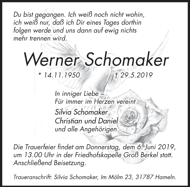  Traueranzeige für Werner Schomaker vom 04.06.2019 aus Deister- und Weserzeitung