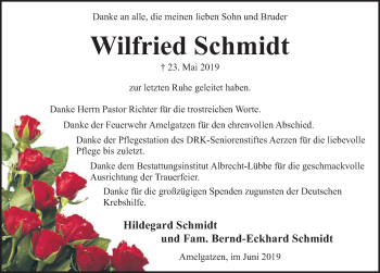 Traueranzeige von Wilfried Schmidt von Deister- und Weserzeitung