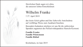 Traueranzeige von Wilhelm Franke von Deister- und Weserzeitung