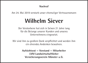 Traueranzeige von Wilhelm Siever von Deister- und Weserzeitung
