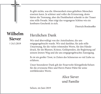 Traueranzeige von Wilhelm Siever von Deister- und Weserzeitung