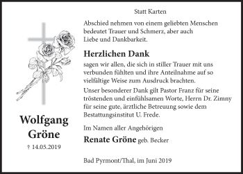 Traueranzeige von Wolfgang Gröne von Deister- und Weserzeitung