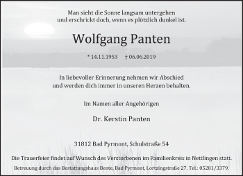 Traueranzeige von Wolfgang Panten von Deister- und Weserzeitung