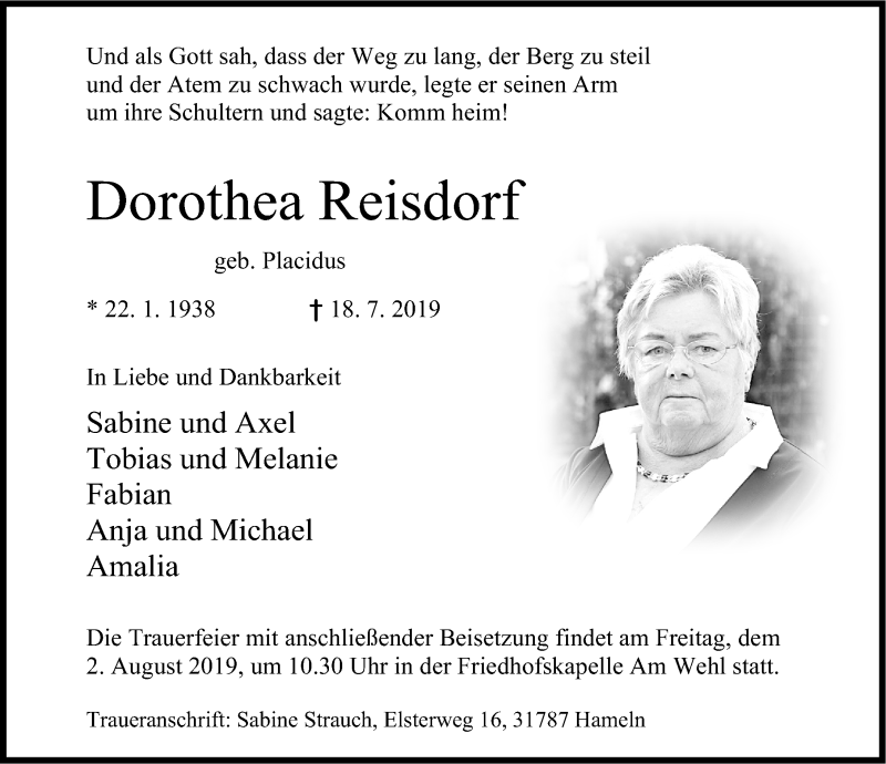  Traueranzeige für Dorothea Reisdorf vom 27.07.2019 aus Deister- und Weserzeitung
