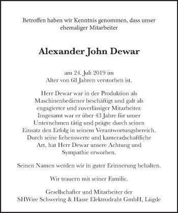 Traueranzeige von Alexander John Dewar von Deister- und Weserzeitung