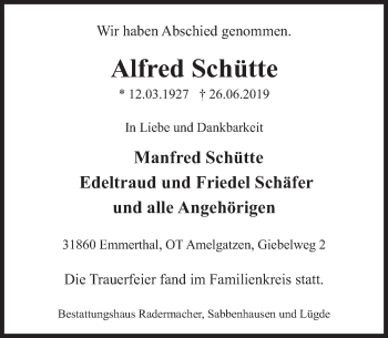 Traueranzeige von Alfred Schütte von Deister- und Weserzeitung