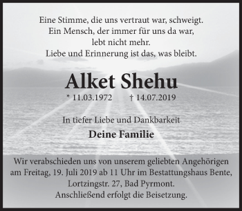 Traueranzeige von Alket Shehu von Deister- und Weserzeitung