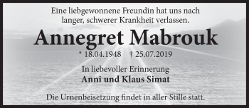 Traueranzeige von Annegret Mabrouk von Deister- und Weserzeitung