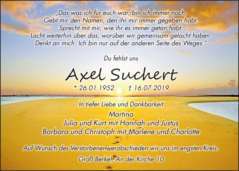  Traueranzeige für Axel Suchert vom 20.07.2019 aus Deister- und Weserzeitung