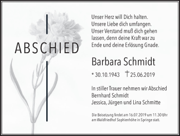 Traueranzeige von Barbara Schmidt von Neue Deister-Zeitung
