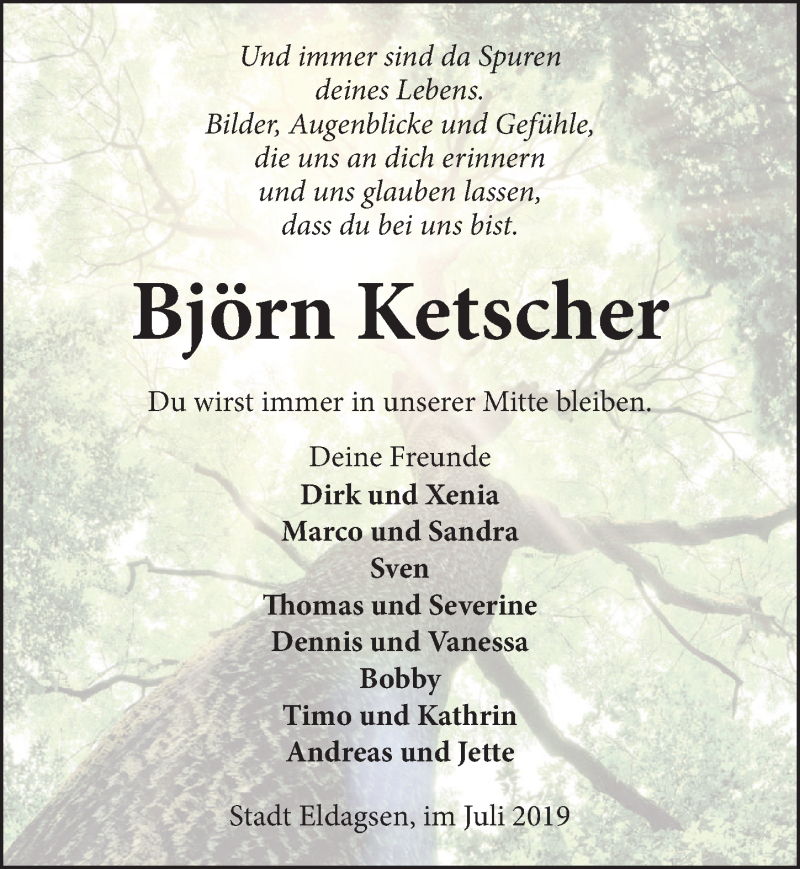  Traueranzeige für Björn Ketscher vom 03.07.2019 aus 